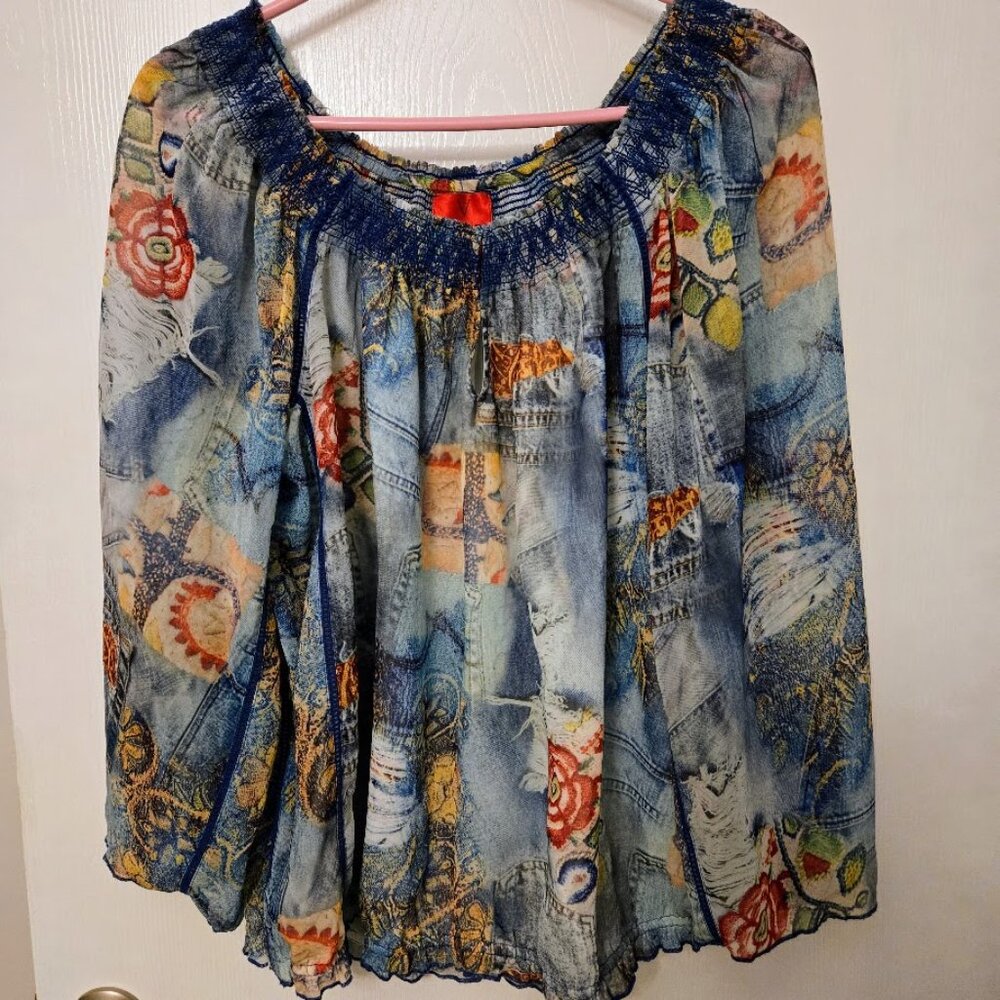 V Cristina‎ blue boho patchwork tunic top Size XL NWOT